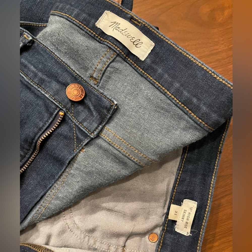 MADEWELL: size 31, 10” high rise dark wash. Excellent condition